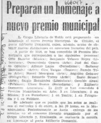 Preparan un homenaje a nuevo premio municipal.  [artículo]