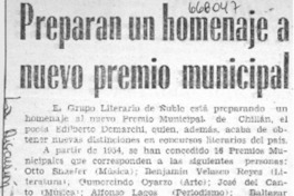 Preparan un homenaje a nuevo premio municipal.  [artículo]