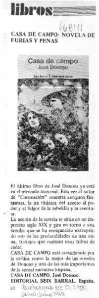 Casa de campo, novela de furias y penas.  [artículo]