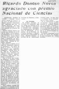 Ricardo Donoso Novoa agraciado con premio Nacional de Ciencias.  [artículo]