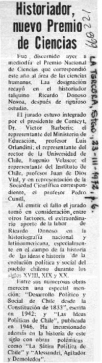 Historiador, nuevo premio de ciencias.  [artículo]