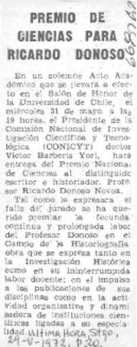 Premio de Ciencias para Ricardo Donoso