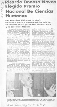 Ricardo Donoso Novoa elegido Premio Nacional de Ciencias Humanas