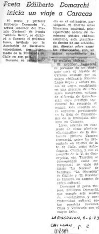 Poeta Edilberto Domarchi inicia un viaje a Caracas.  [artículo]