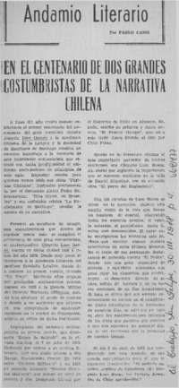 En el centenario de dos grandes costumbristas de la narrativa chilena  [artículo] Pablo Cassi.