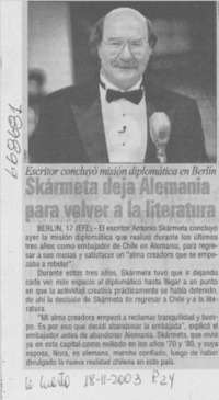 Skármeta deja Alemania para volver a la literatura.