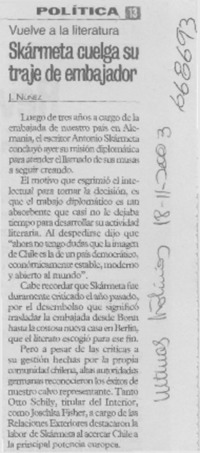 Skármeta cuelga su traje de embajador