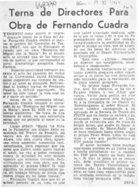 Terna de directores para obra de Fernando Cuadra  [artículo] Erva.