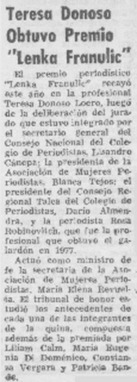 Teresa Donoso obtuvo Premio "Lenka Franulic".