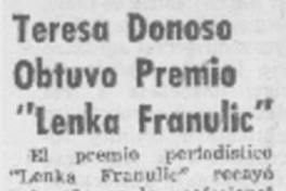 Teresa Donoso obtuvo Premio "Lenka Franulic".