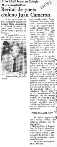 Recital de poeta chileno Juan Cameron.