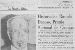Historiador Ricardo Donoso, Premio Nacional de Ciencias.