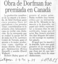 Obra de Dorfman fue premiada en Canadá