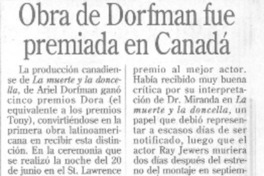 Obra de Dorfman fue premiada en Canadá