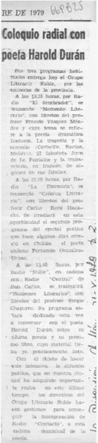Coloquio radial con poeta Harold Durán.