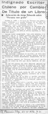 Indignado escritor chileno por cambio de título de un libro.