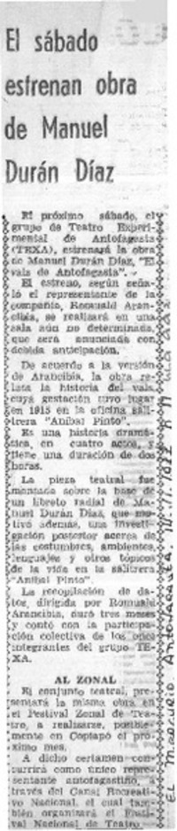 El Sábado estrenan obra de Manuel Durán Díaz.