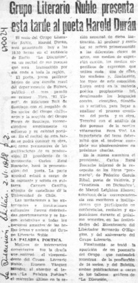 Grupo Literario Ñuble presenta esta tarde al poeta Harold Durán.