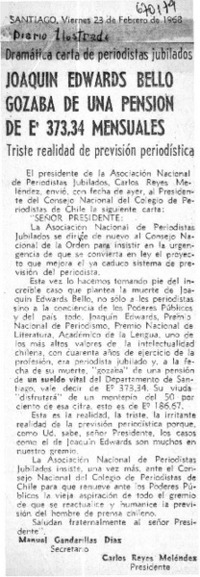 Joaquín Edwards Bello gozaba de una pensión de E° 373, 34 mensuales