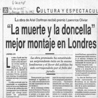 "La Muerte y la doncella" mejor montaje en Londres.