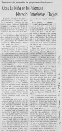 Obra "La niña en la palomera" mereció entusiastas elogios.