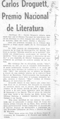 Carlos Droguett, Premio Nacional de Literatura