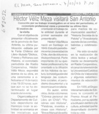 Héctor Véliz Meza visitará San Antonio.