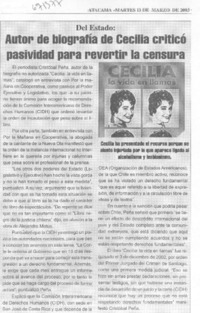 Autor de biografía de Cecilia criticó pasividad para revertir la censura.