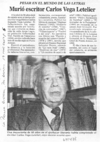 Murió escritor Carlos Vega Letelier.