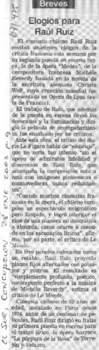 Elogios para Raúl Ruiz.