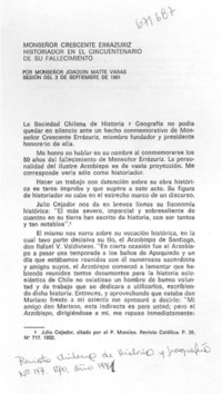Monseñor Crescente Errázuriz historiador en el cincuentenario de su fallecimiento
