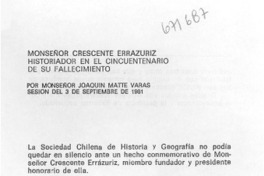 Monseñor Crescente Errázuriz historiador en el cincuentenario de su fallecimiento