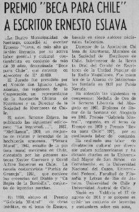 Premio "Beca para Chile" a escritor Ernesto Eslava.