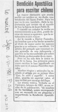 Bendición apostólica para escritor chileno.