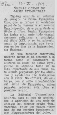 Nuevas obras de Jaime Eyzaguirre.