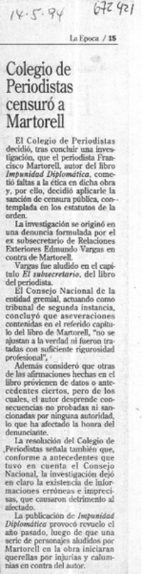 Colegio de Periodístas censuró a Martorell.