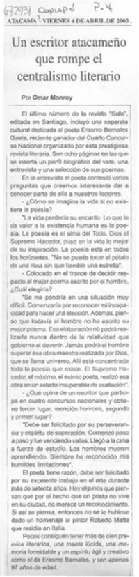 Un escritor atacameño que rompe el centralismo literario