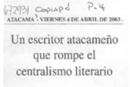 Un escritor atacameño que rompe el centralismo literario