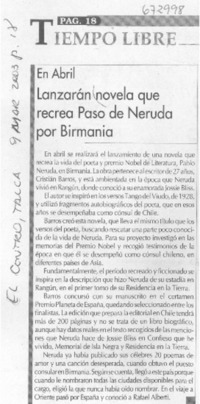 Lanzarán novela que recrea paso de Neruda por Birmania.