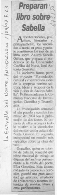 Preparan libro sobre Sabella.