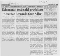 Exhumarán restos del presbítero y escritor Bernardo Cruz Adler.