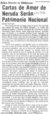 Cartas de amor de Neruda serán patrimonio nacional.