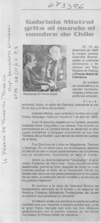 Gabriela Mistral grita al mundo el nombre de Chile.