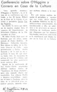 Conferencia sobre O'Higgins y Carrera en casa de la cultura.