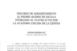 Discurso de agradecimiento al Premio Alonso de Ercilla otorgado al Teatro Ictus por la Academia Chilena de la Lengua