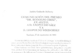Comunicación del Premio "Dr. Rodolfo Oroz", a D. Leopoldo Sáez y a D. Leopoldo Wigdorsky