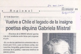 Vuelve a Chile el legado de la insigne poetisa elquina Gabriela Mistral