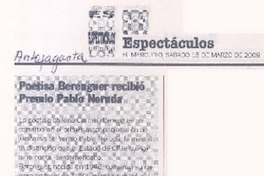 Poetisa Berenguer recibió Premio Pablo Neruda