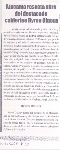 Atacama rescatan obra del destcado calderino Byron Gigoux