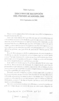 Discurso de recepción del Premio Academia 2001